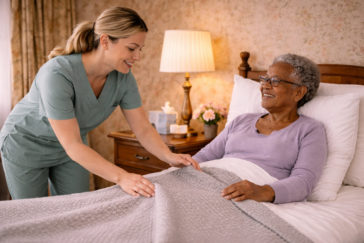 A healthcare worker helps an elderly woman in bed, smiling at each other.