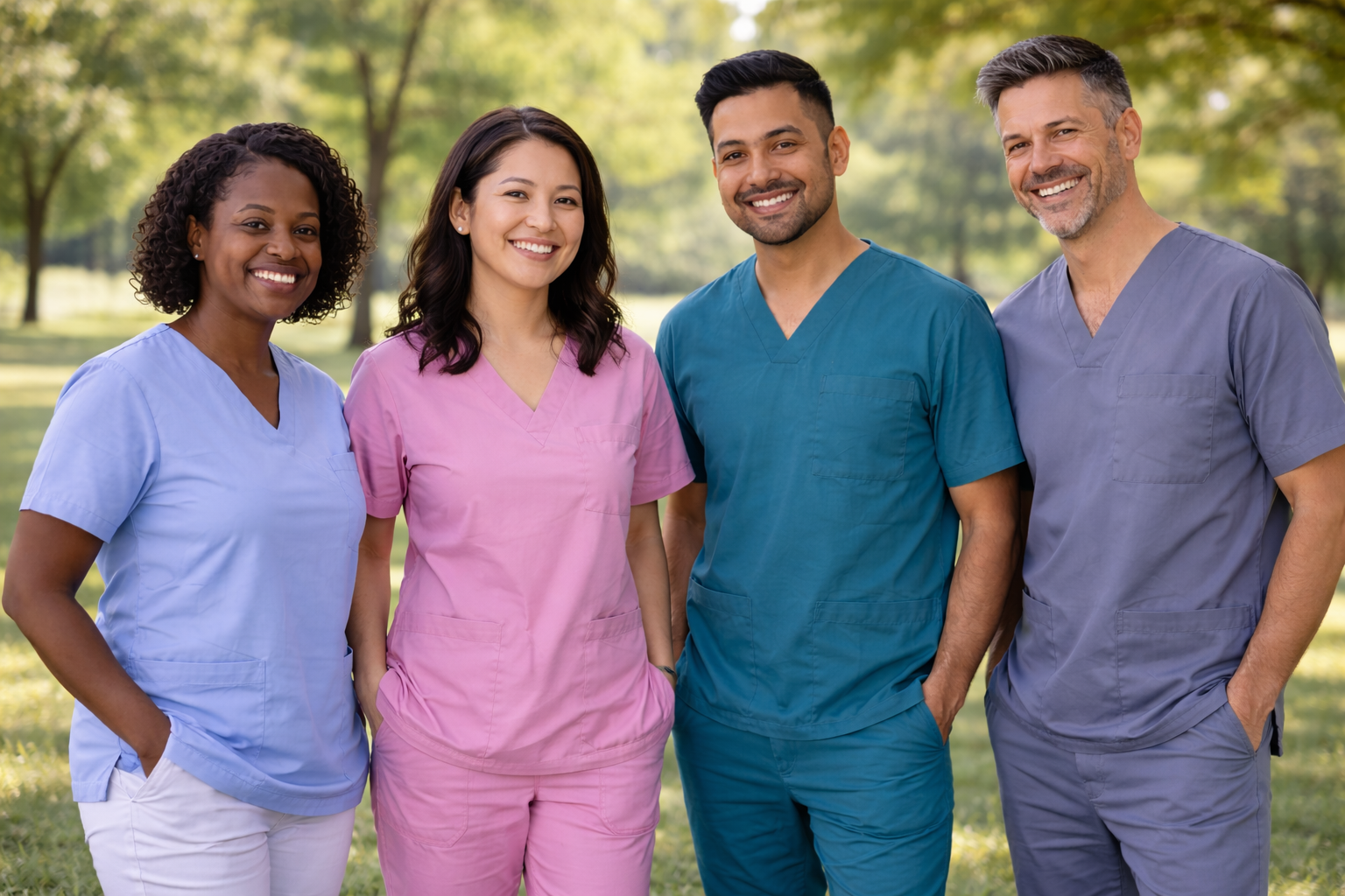 Group of four diverse healthcare professionals outdoors in medical scrubs, smiling with hands in pockets, in a park with trees and grass.