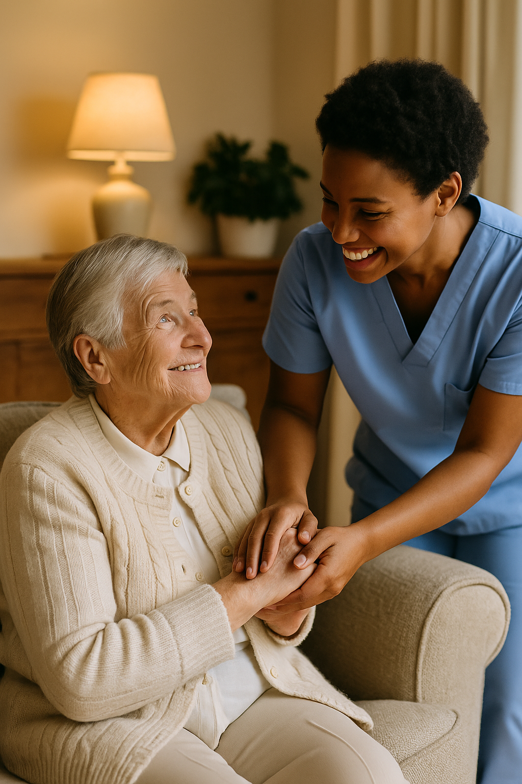 A nurse and an elderly woman are smiling and holding hands in a warm, homey room.