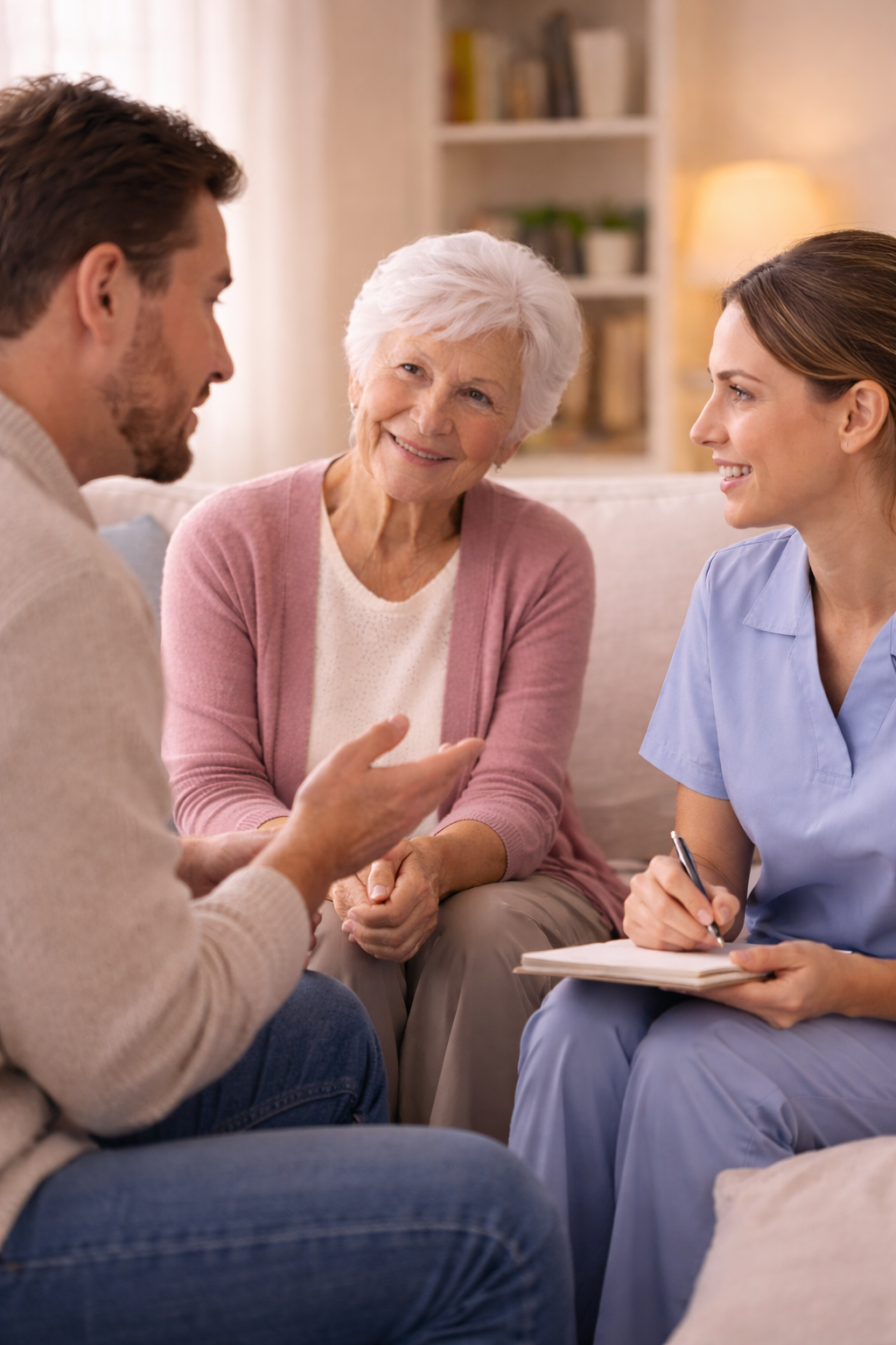 A senior woman talking with a healthcare professional and her adult son in a comfortable living room.
