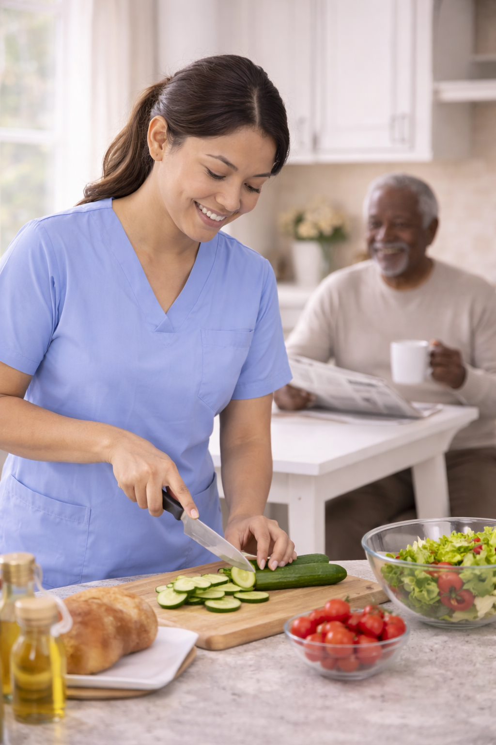 A woman in blue scrubs slicing cucumbers on a cutting board in a bright kitchen. An older man in the background sitting at a table with a newspaper and a coffee mug, smiling.