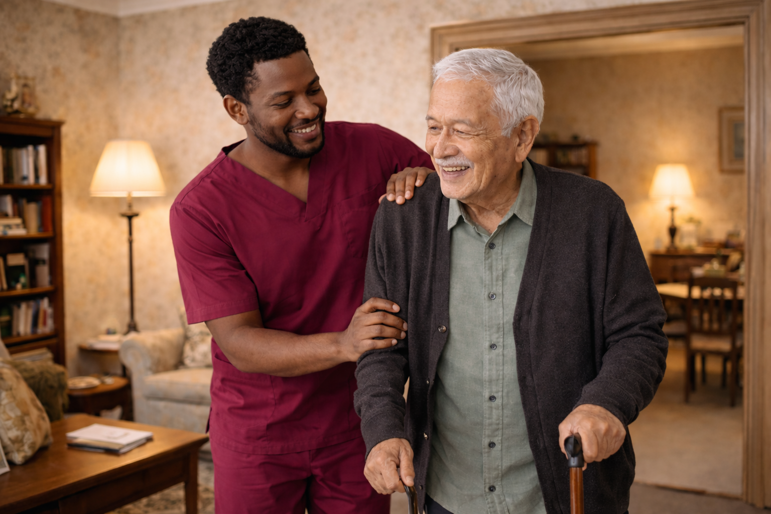 A young man in medical scrubs comforting an elderly man with a cane in a warm, cozy living room.