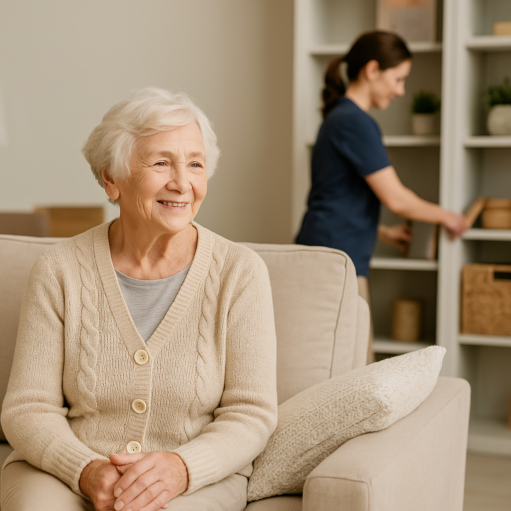An elderly woman sitting on a beige couch, smiling, with a caregiver organizing books on a bookshelf in the background.