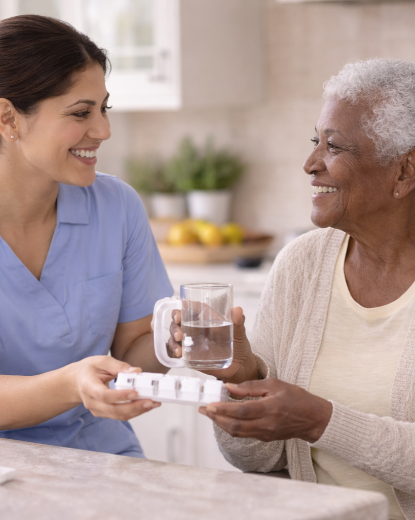 A young woman in blue scrubs giving medication to an elderly woman with white curly hair, holding a glass of water, in a kitchen setting.