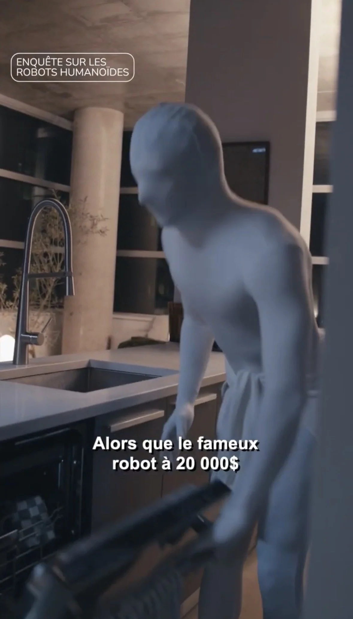 A person in a hoodie professionally cleaning a kitchen countertop with a vacuum cleaner. French subtitles mention a famous robot costing $20,000.
