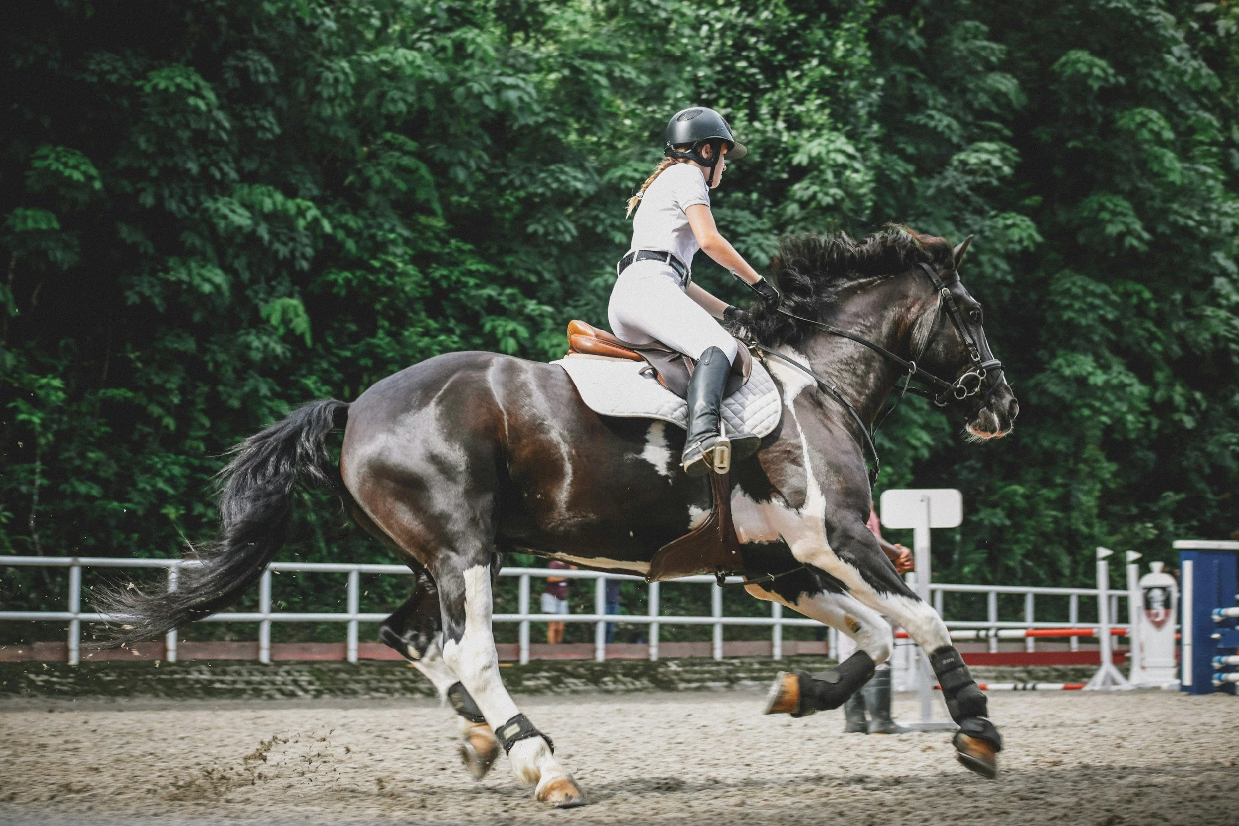 A female equestrian in white riding attire, wearing a black helmet, riding a black and white pinto horse during a show jumping event in an outdoor arena.