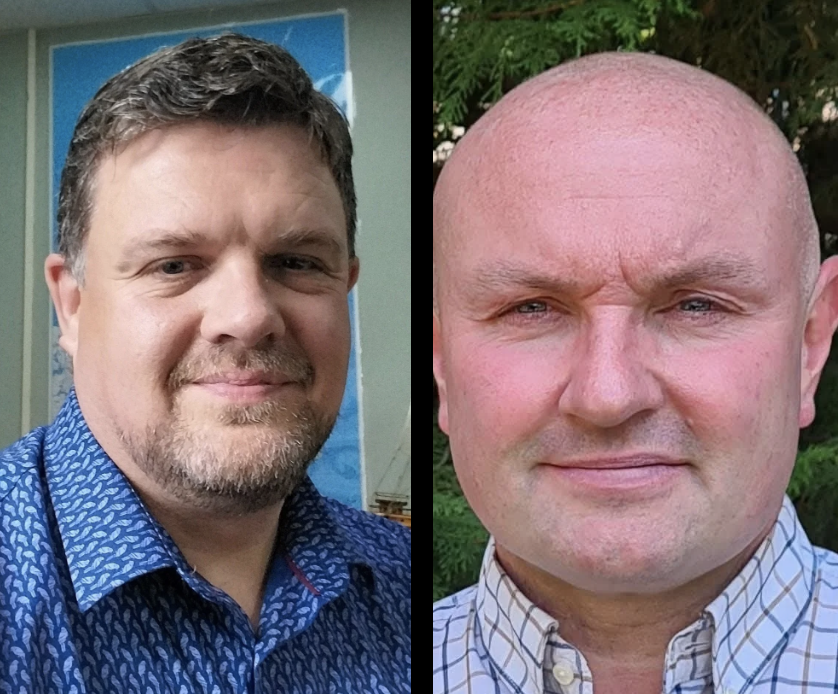 A side-by-side comparison of two men, one with short brown hair, a beard, and wearing a blue patterned shirt, in an indoor setting; the other is bald with a clean-shaven face, wearing a checkered collared shirt, outdoors with greenery in the background.