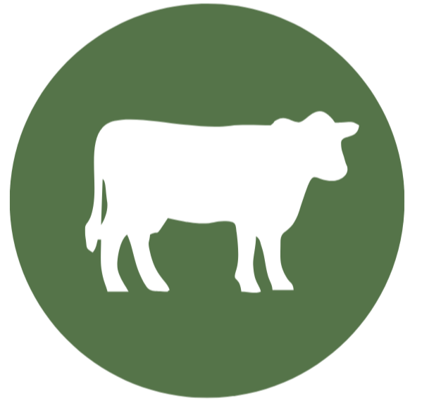 White cow silhouette on a green circular background.