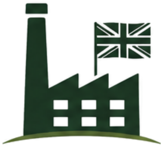 A stylized factory with a tall smokestack and a British flag logo.
