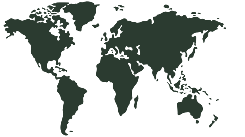 Dark green world map with black background showing continents and countries.