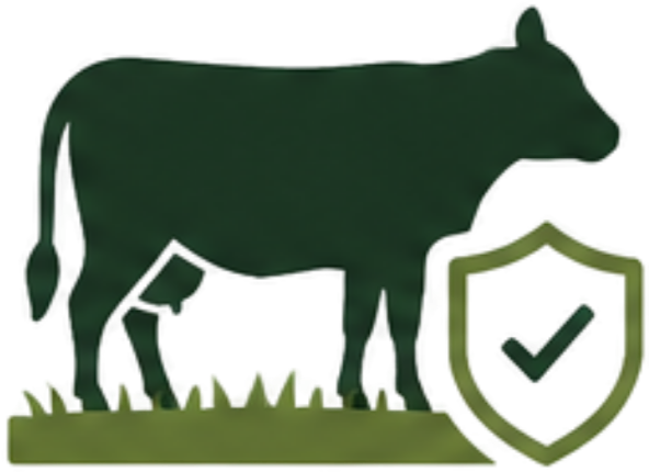 Silhouette of a cow with a shield featuring a check mark in front of it.