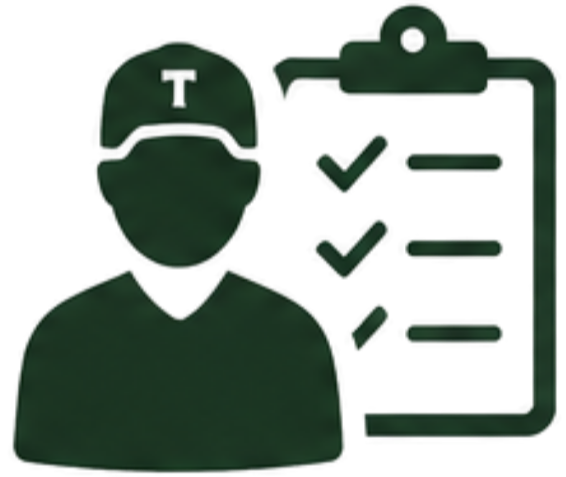 Icon of a person wearing a cap with a letter T, standing next to a checklist on a clipboard with three checked items.