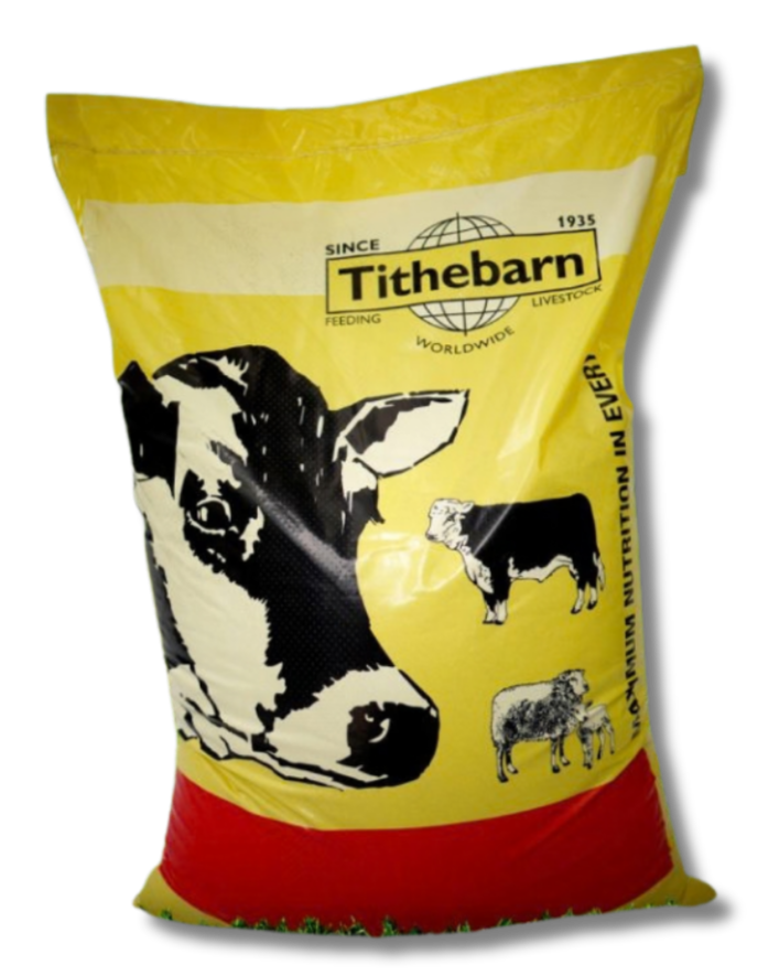 Yellow packaging of Tithebarn livestock feed with black and white illustrations of a cow, a bull, and a sheep, featuring the brand name and logo.