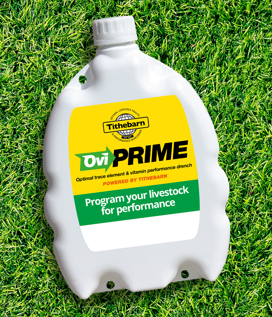 A white plastic bottle with a yellow, green, and white label lying on green grass. The label reads "Tithebarn OV PRIME" and promotes a livestock performance product. The bottle is sealed with a white cap.
