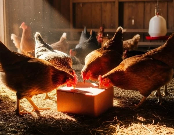 Chickens pecking at a block of feed under warm sunlight inside a barn.