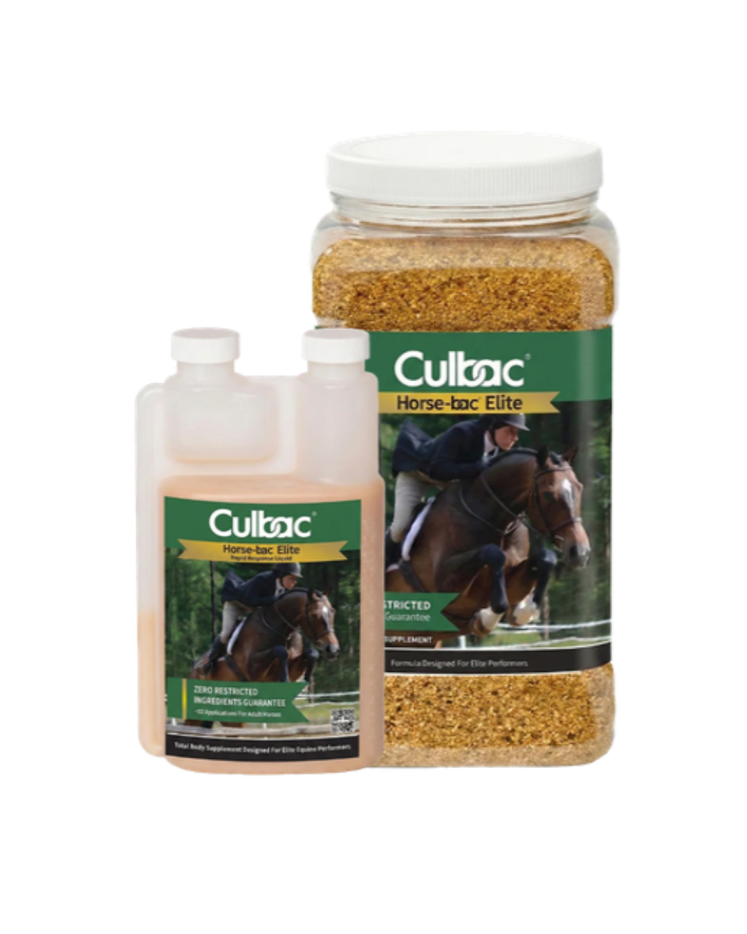 Two bottles of Culbac Horse-Back Elite supplement for horses, featuring a picture of a jockey riding a horse on the labels. The larger bottle contains powdered supplement, and the smaller bottle is a liquid supplement.