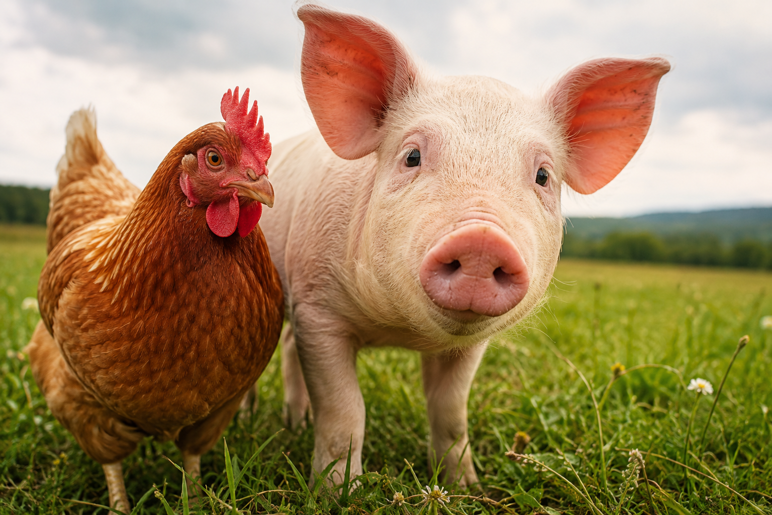 A farm scene with a hen and a pig standing on green grass with flowers, hills and a cloudy sky in the background.
