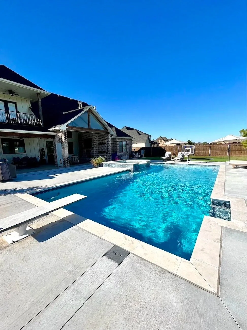 Backyard with a swimming pool, patio, and outdoor furniture, on a sunny day with a clear blue sky.