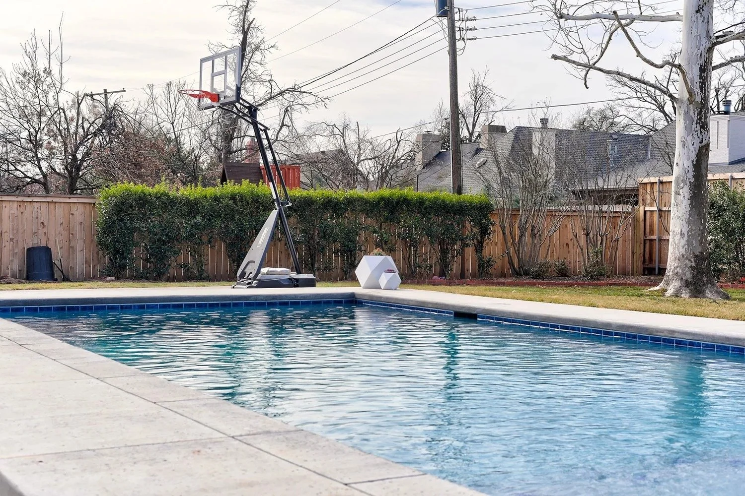 A backyard swimming pool with a basketball hoop at the far end, surrounded by a wooden fence, trees, and houses in the background. The pool water is turquoise, and the pool deck is concrete.