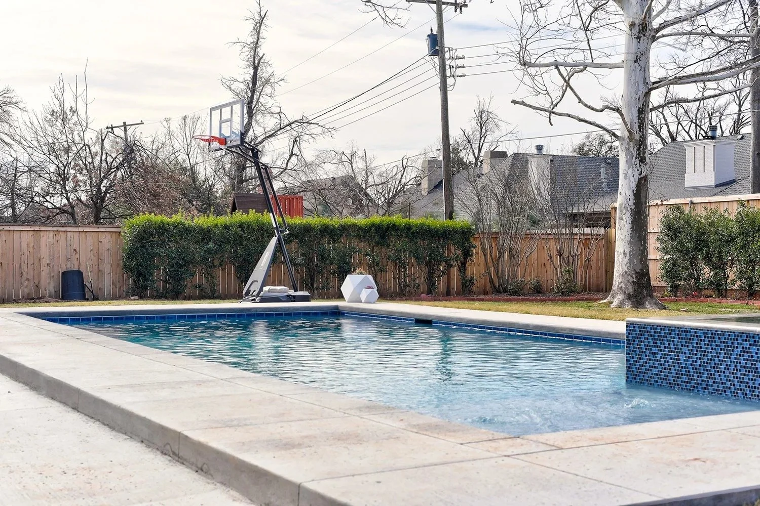 A backyard with a swimming pool, a basketball hoop, and a wooden fence. There are trees and houses in the background.