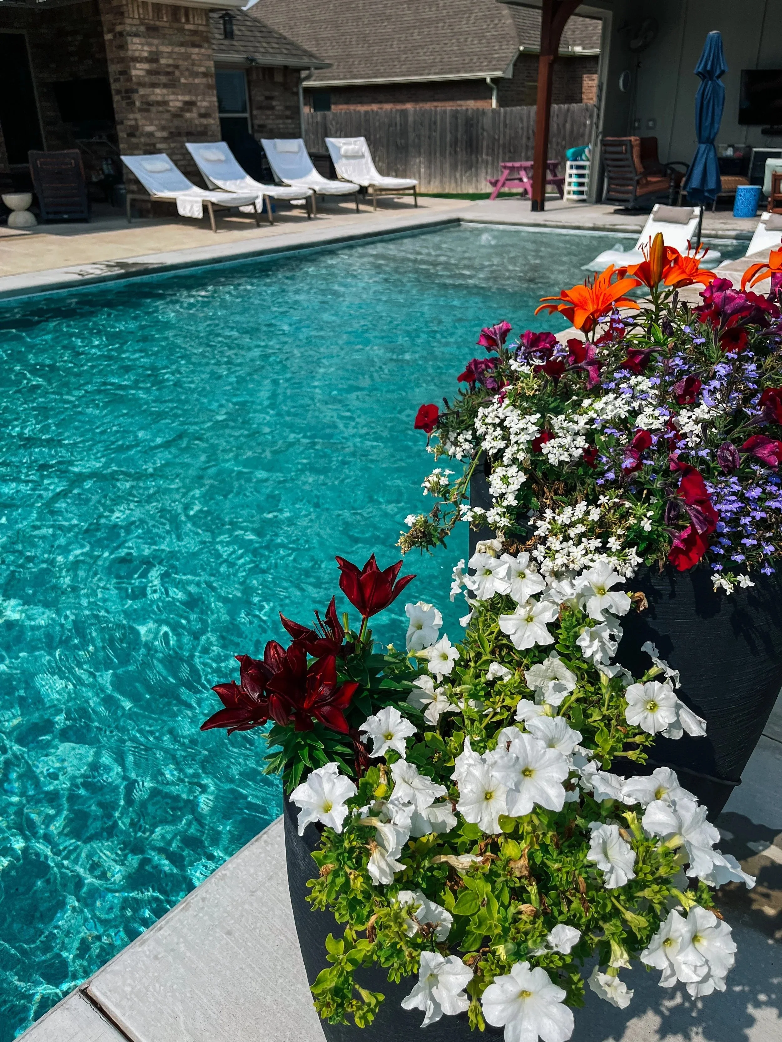 A backyard with a swimming pool, white lounge chairs, colorful flowers in a black planter, and outdoor furniture. There is a wooden fence and a brick house in the background.