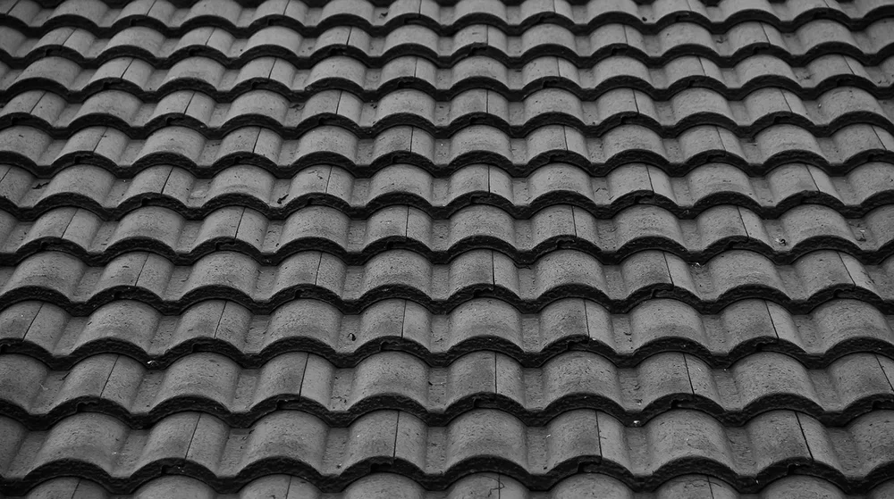 Black and white photo of a tiled roof with overlapping curved tiles.