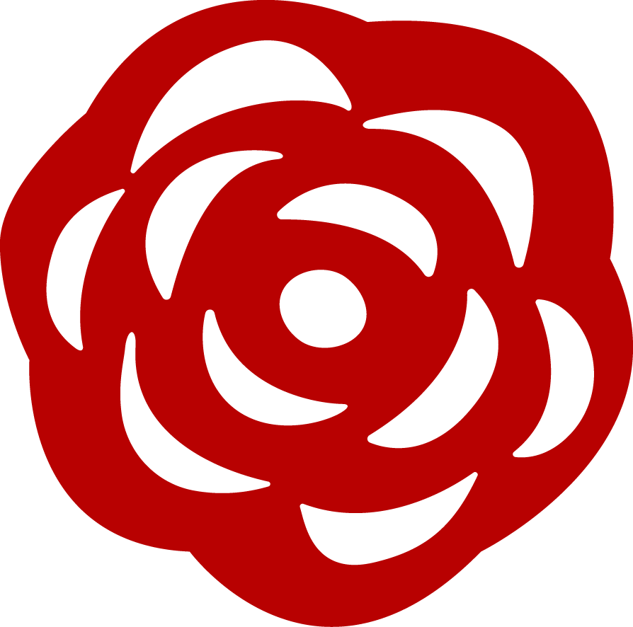 A stylized red rose with black design elements.