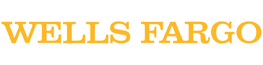 Wells Fargo logo with gold letters on a black background.