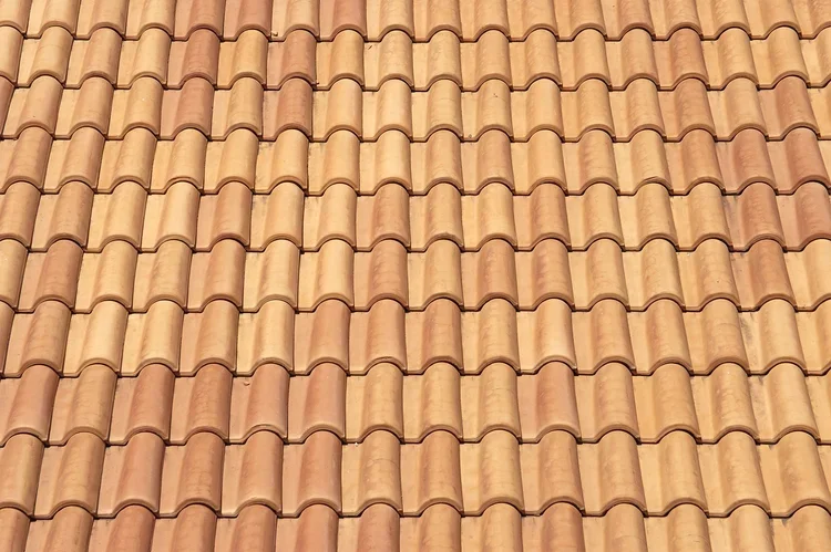 Close-up of a terracotta tile roof with curved, reddish-orange tiles arranged in overlapping rows.
