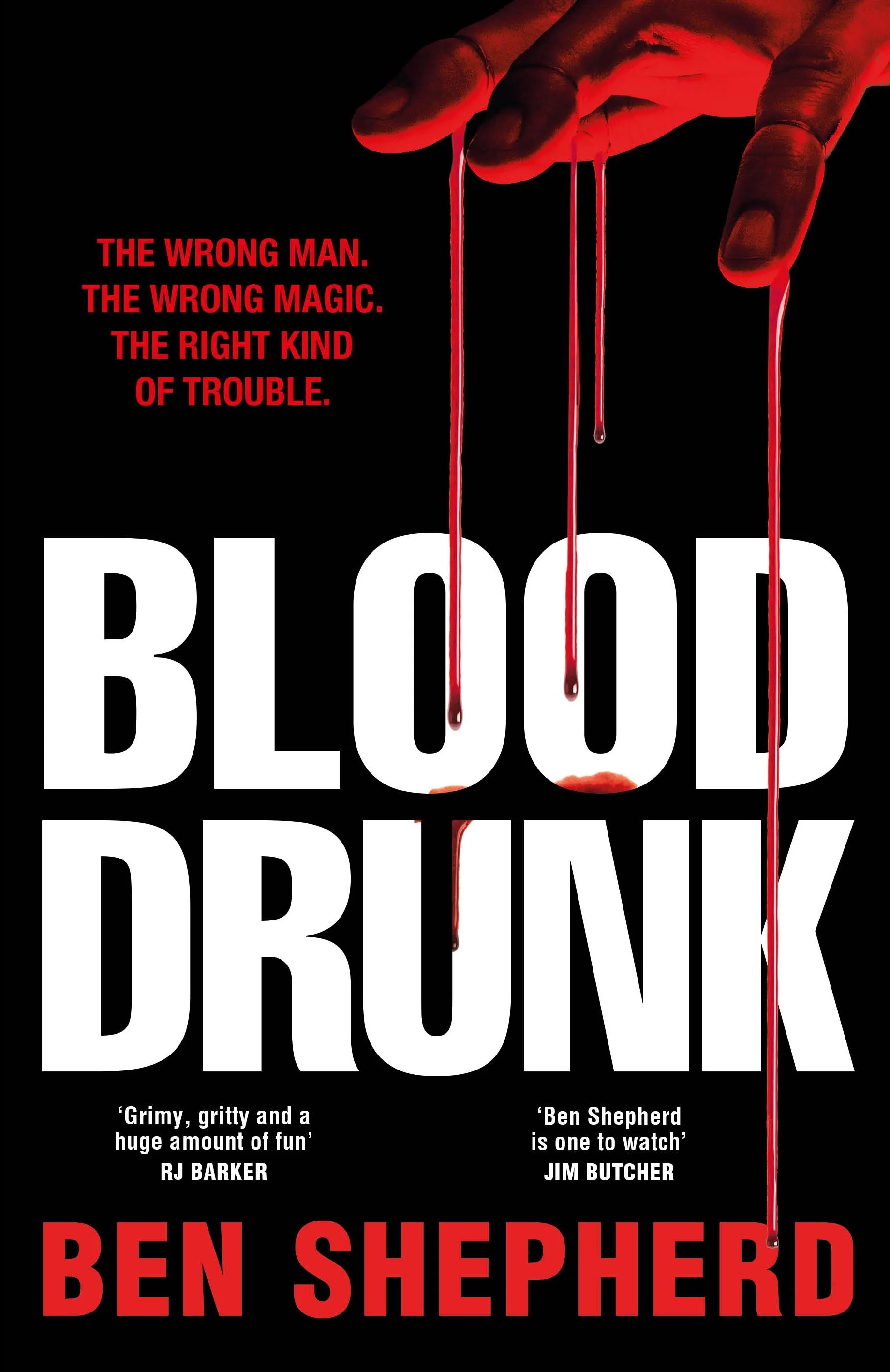 The cover of a book titled 'Blood Brother' by Ben Shepherd, featuring a large hand with blood dripping from its fingertips against a black background, with quotes and text in red and white.