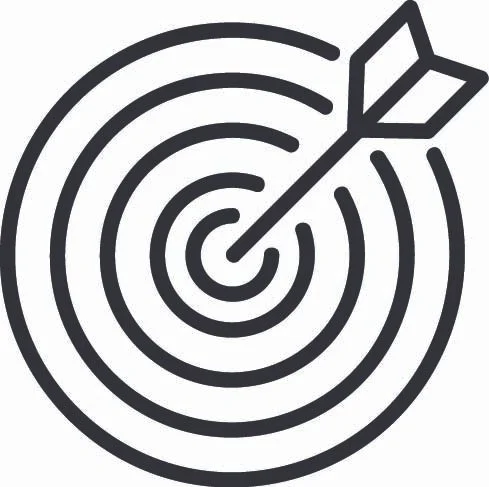 A black and white illustration of a dart hitting the center of a target.