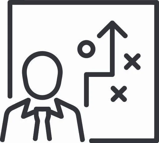 Line drawing of a person with a suit and a diagram of a sports strategy or play, including arrows and Xs and Os.