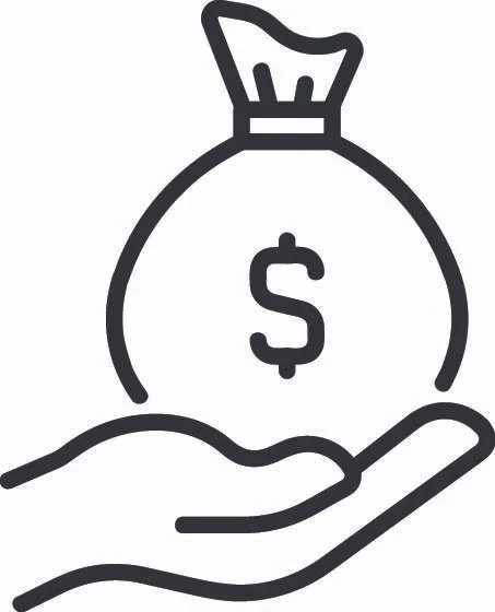 Line drawing of a hand holding a money bag with a dollar sign.