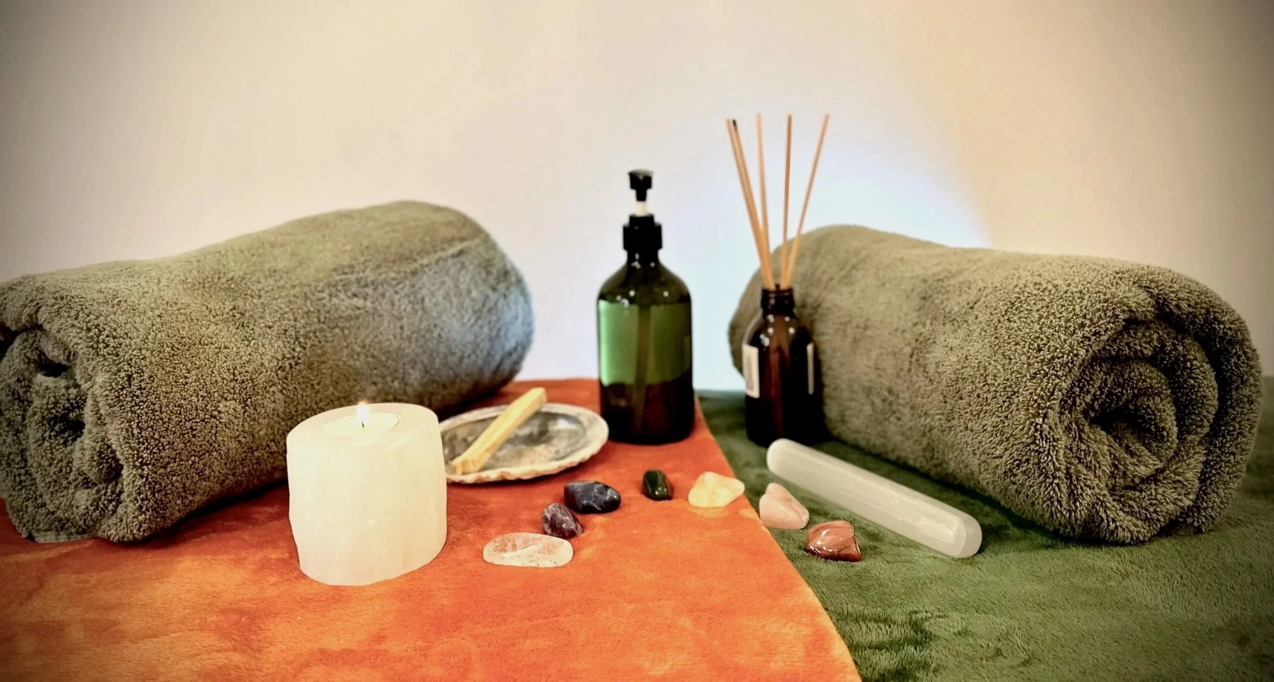 Spa and massage treatment setup in Elvy Beauty of Thirsk, North Yorkshire, UK where customers can receive premium beauty, skin care and nail treatments including CACI synergy non-invasive treatment.