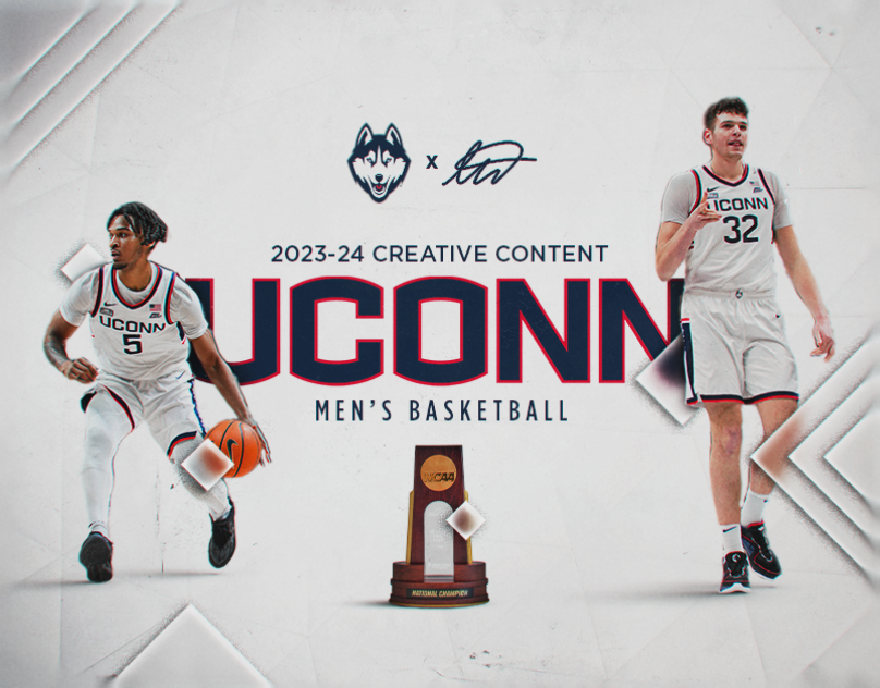 UConn men's basketball promotional graphic with two players in UConn jerseys, a UConn logo, and a trophy, for the 2023-24 season.