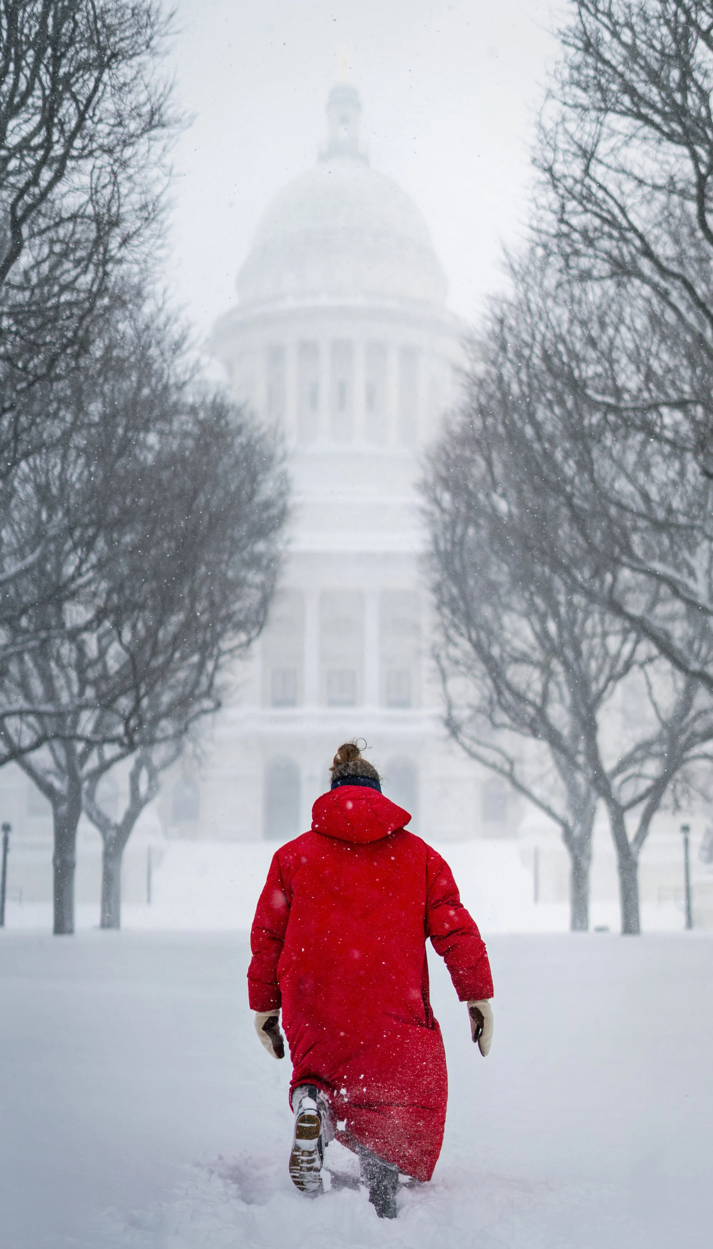 A person wearing a red coat and gloves walking through snow toward a large government building with a dome, surrounded by leafless trees in a snowy landscape.