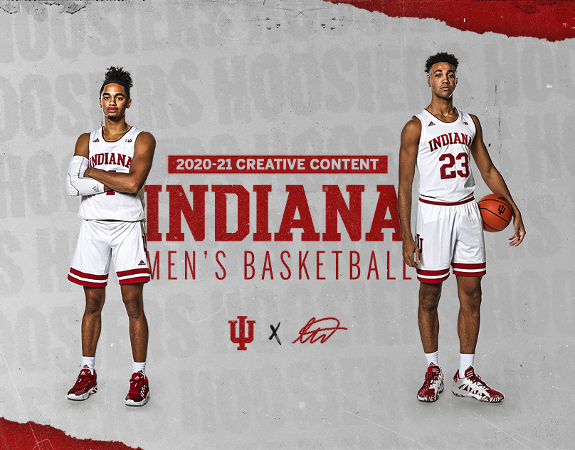 Two Indiana men's basketball players in white jerseys and shorts with red accents, one holding a basketball, standing against a gray background with red and white text referencing the 2020-21 season.