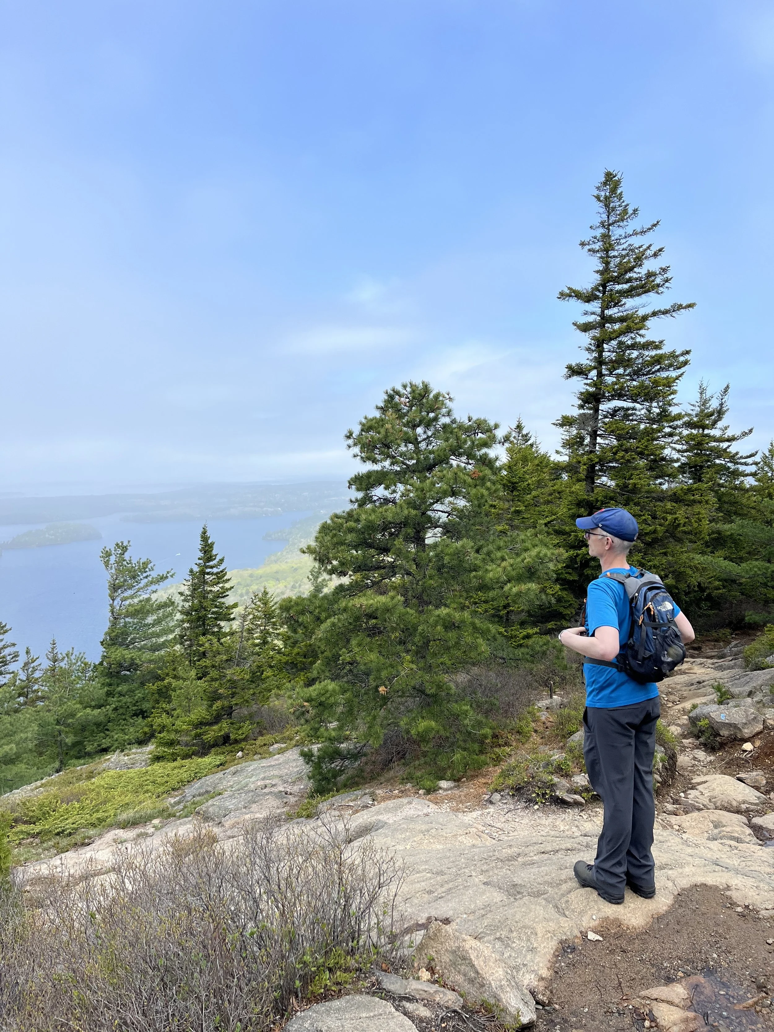 Dana Staples Auburn Maine House of Representatives district 88 A hiker in a blue shirt, black pants, and a blue cap standing on a rocky trail, overlooking a forested landscape with tall trees and a lake in the distance.