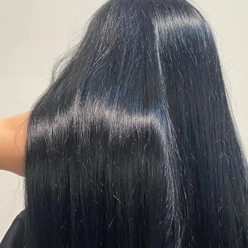 Close-up of long, shiny, straight black hair