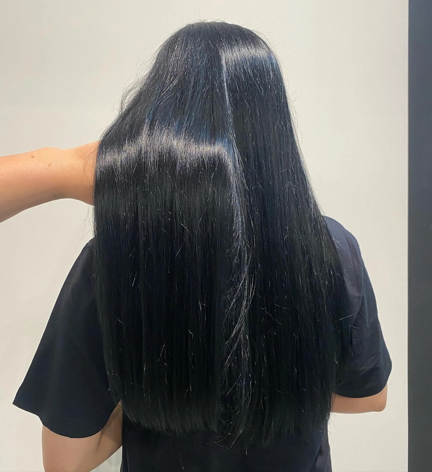 Back view of a person with long, shiny, straight black hair.