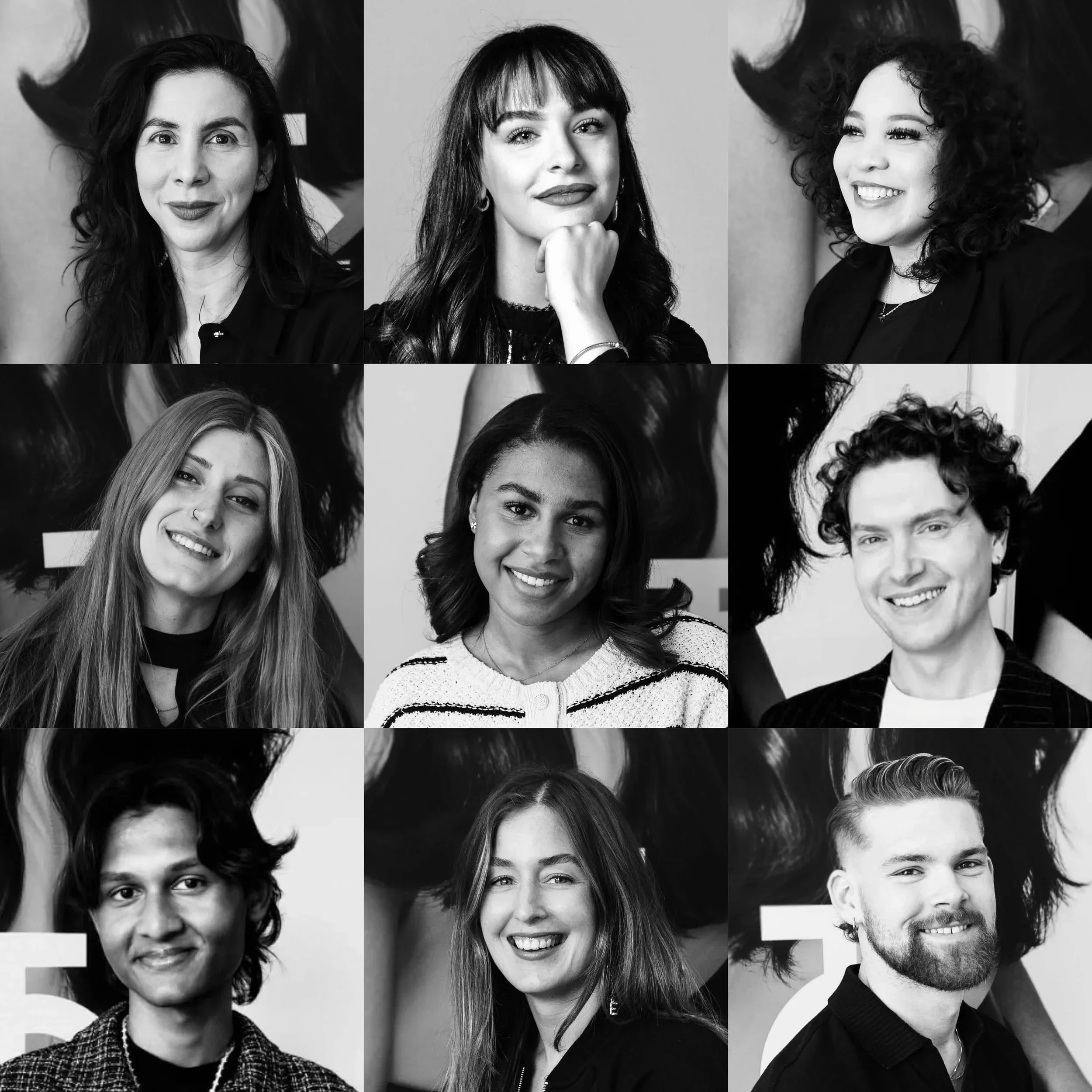 Collage of nine black-and-white portraits of diverse young adults, four women and five men, smiling or looking thoughtfully, with some posing with their chin on their hand, in front of a blurred background.