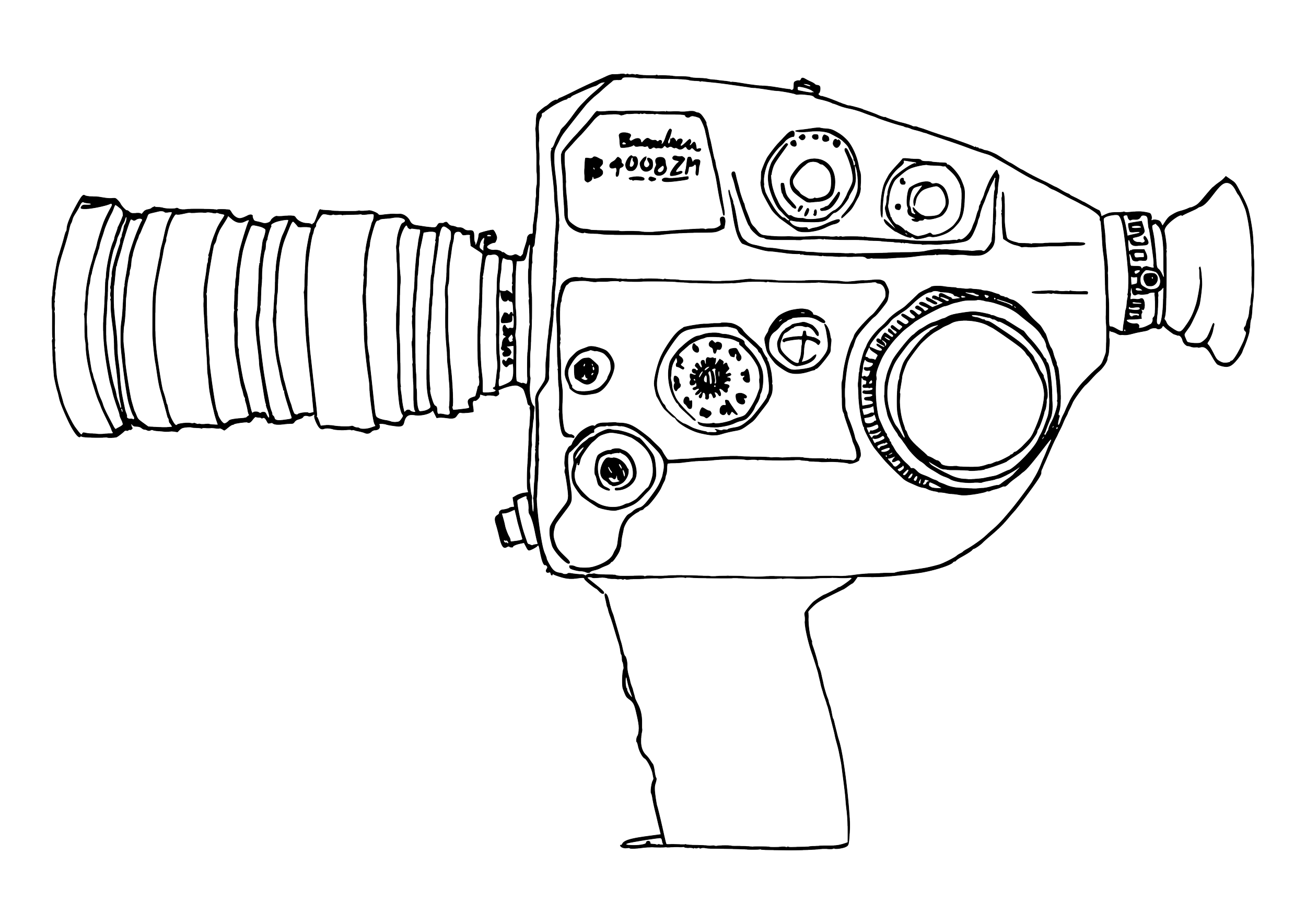 Outline of a professional camera with a large lens, viewfinder, and control dials, drawn with thin white lines on a black background.