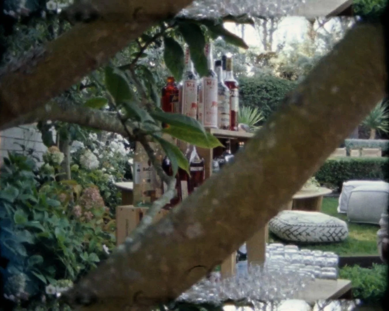 A garden scene with a focus on bottles on a table, with blurred trees and bushes in the background and a tire and outdoor furniture nearby.
