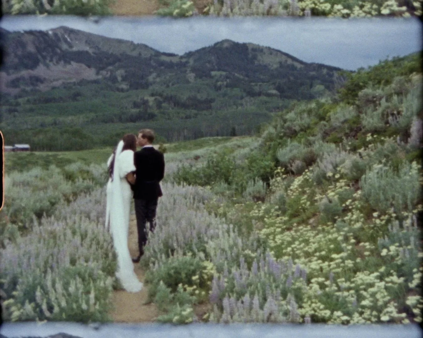 A couple stands kissing on a dirt path surrounded by wildflowers in a lush green landscape with mountains and a lake in the background.