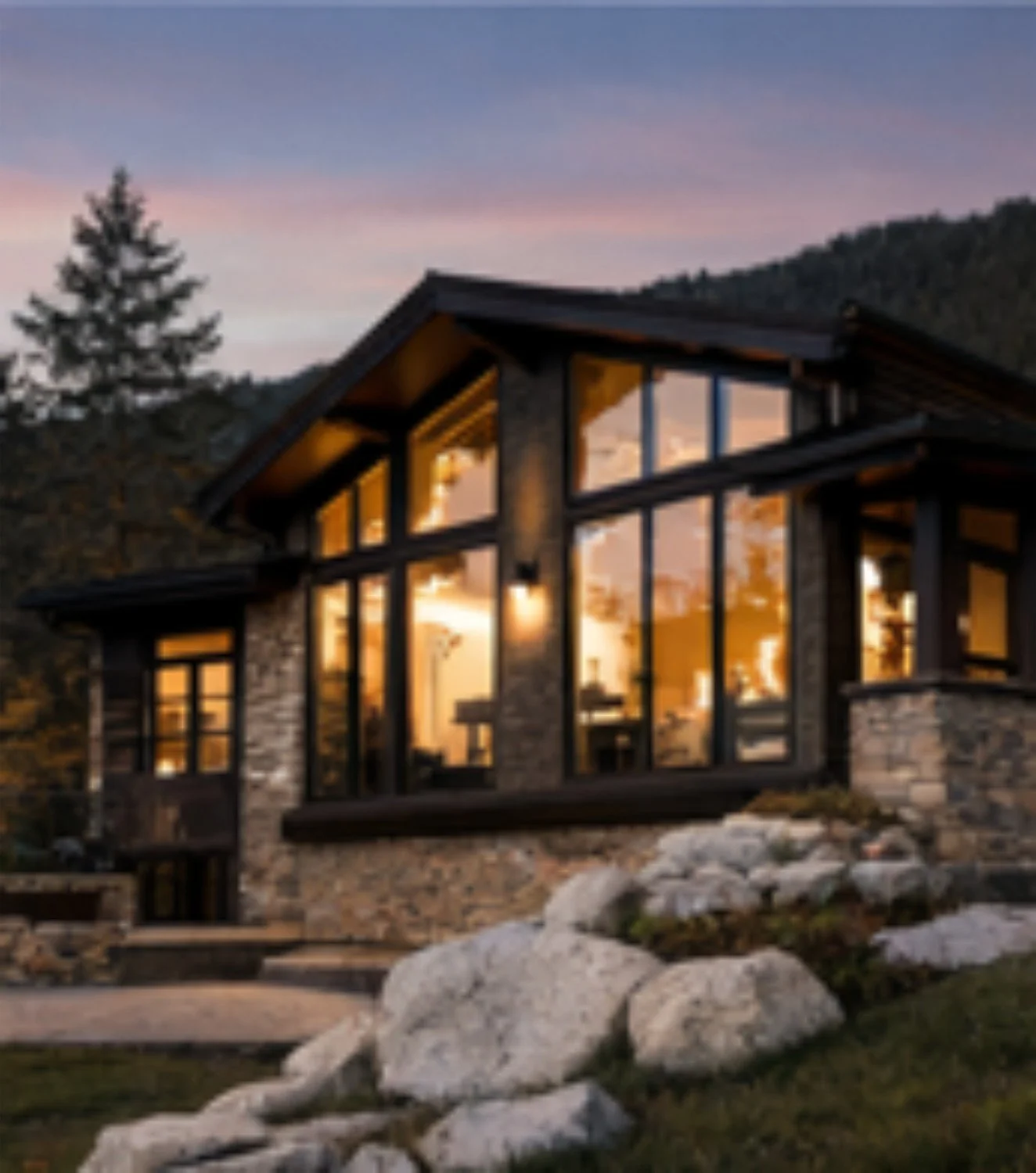 Modern house with large glass windows reflecting sunset, stone and wood exterior, surrounded by rocks and trees, mountains in background.