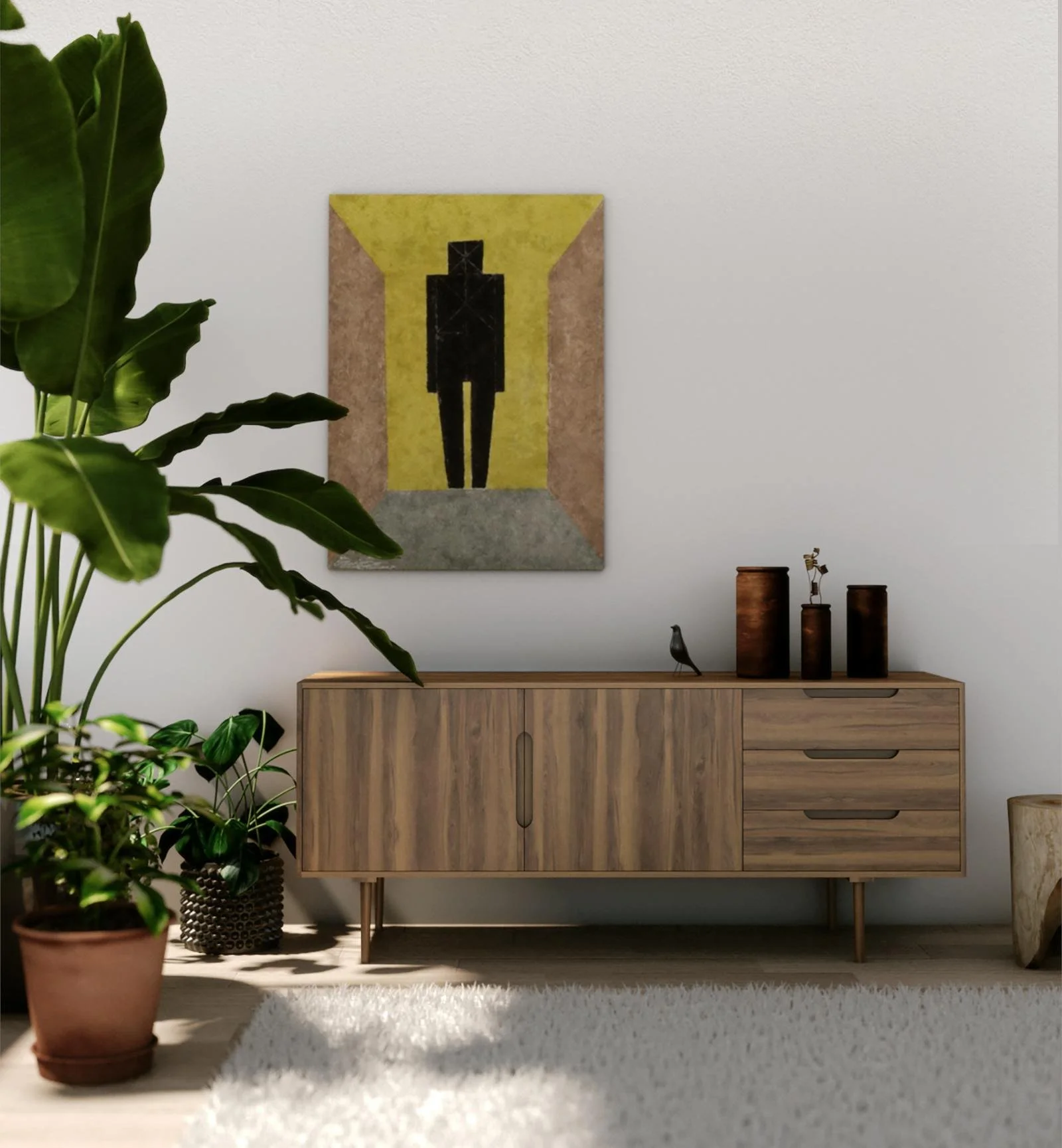 Interior of a room with a wooden cabinet, potted plants on the left, a modern art painting of a silhouette figure on the wall, and decorative vases on the cabinet. Sunlight casts shadows on the floor and wall.