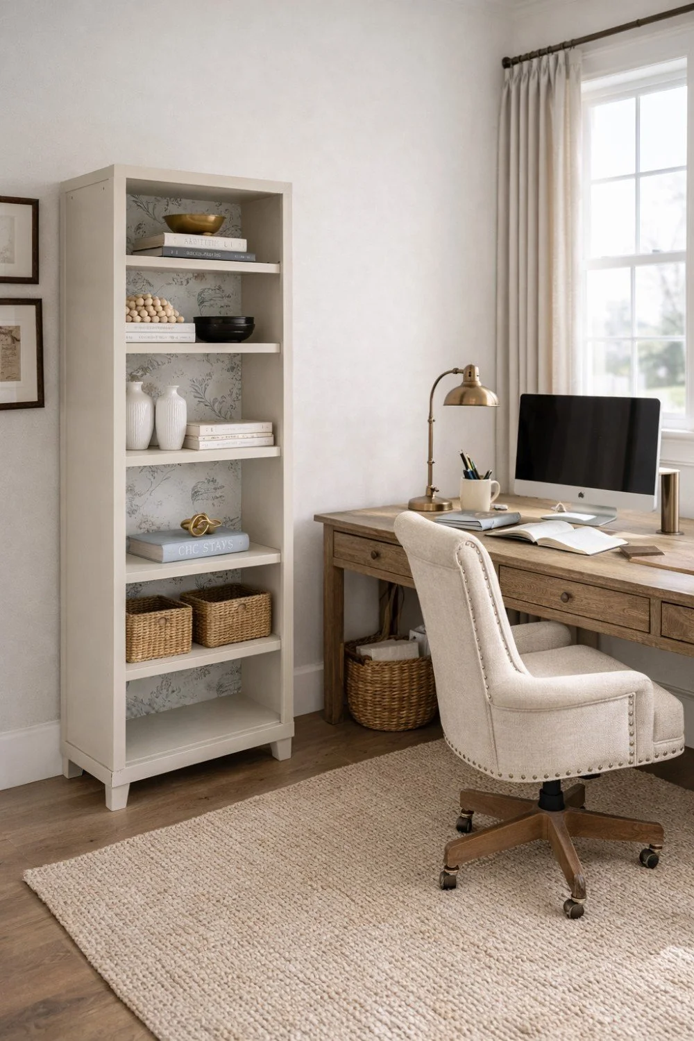 Home office with a wooden desk, beige upholstered swivel chair, white bookshelf decorated with books and baskets, and a desktop computer by a window with beige curtains.