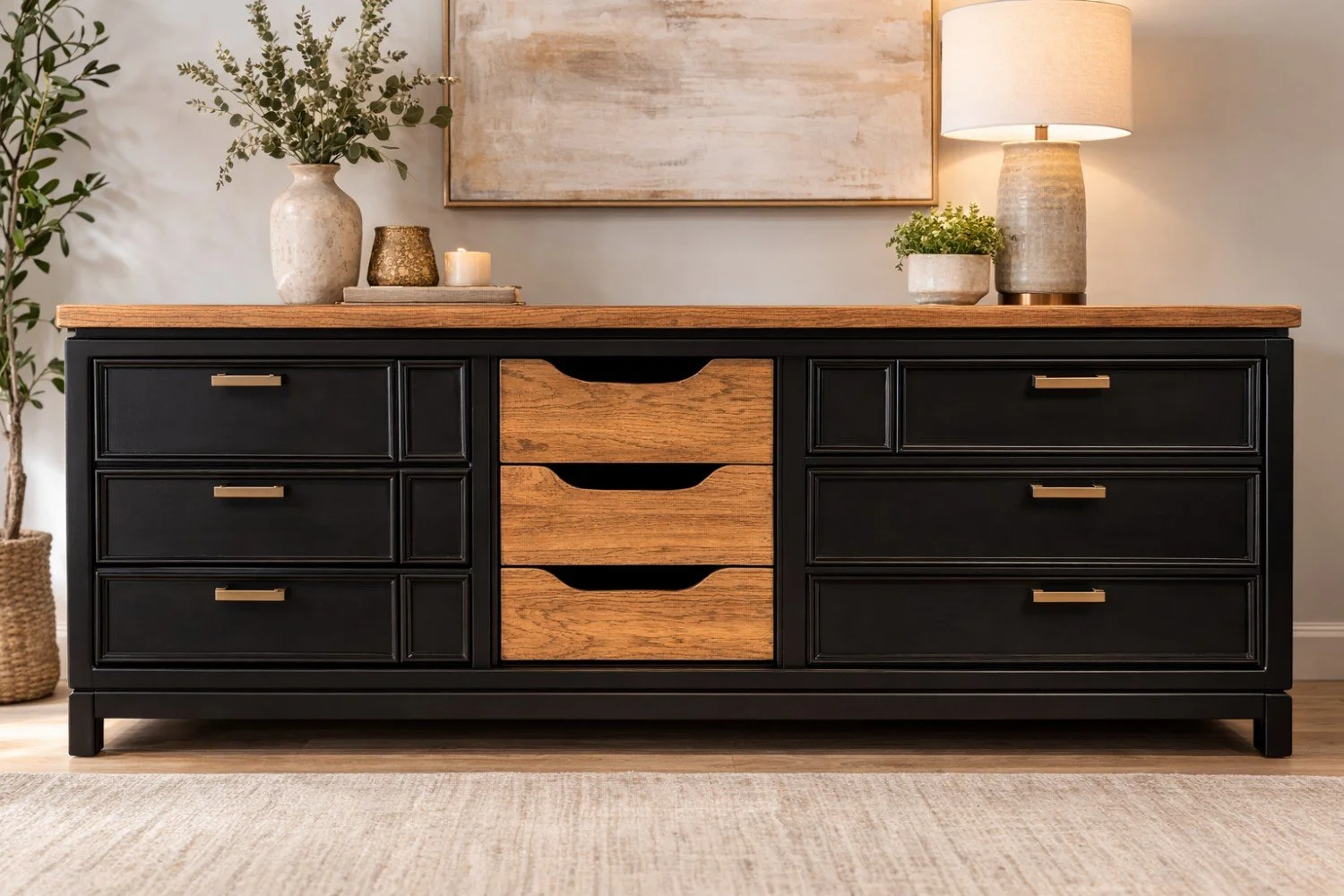 Black wooden sideboard with a natural wood top, three wooden drawers in the center, and six black drawers with gold handles, decorated with plants, a lamp, and candles.