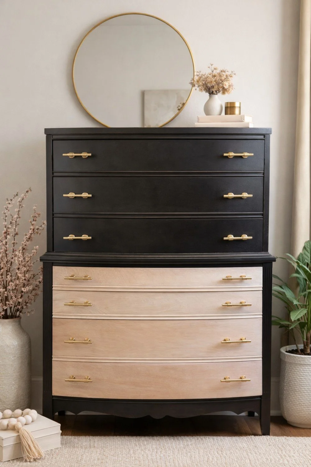 A black and beige wooden dresser with gold handles, a large round mirror above, a white vase with dried flowers, and decorative items on top, flanked by potted plants in a cozy room.