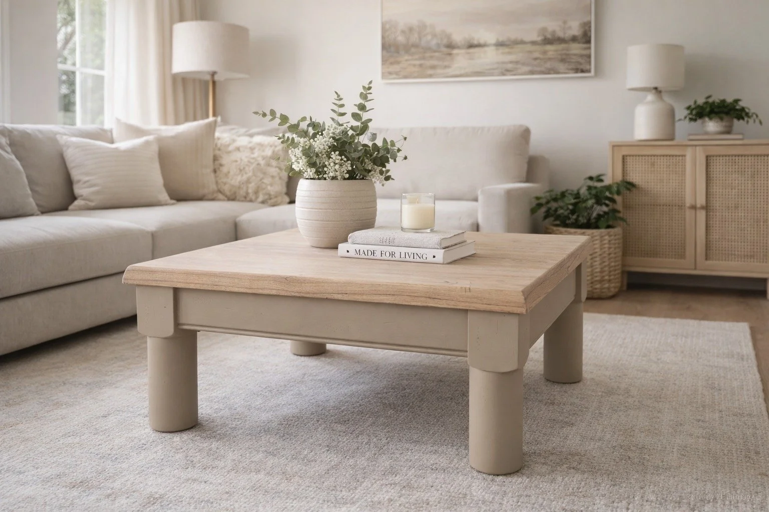 Cozy living room with a beige sofa, decorative pillows, a wooden coffee table with a potted plant, candles, and books, surrounded by neutral-toned furniture and decor.
